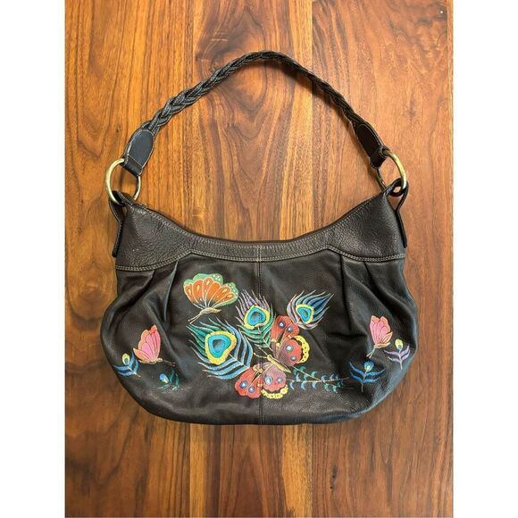Anuschka Women's Brown Hand Painted Floral Butterfly Print Leather Shoulder Bag - Picture 1 of 8